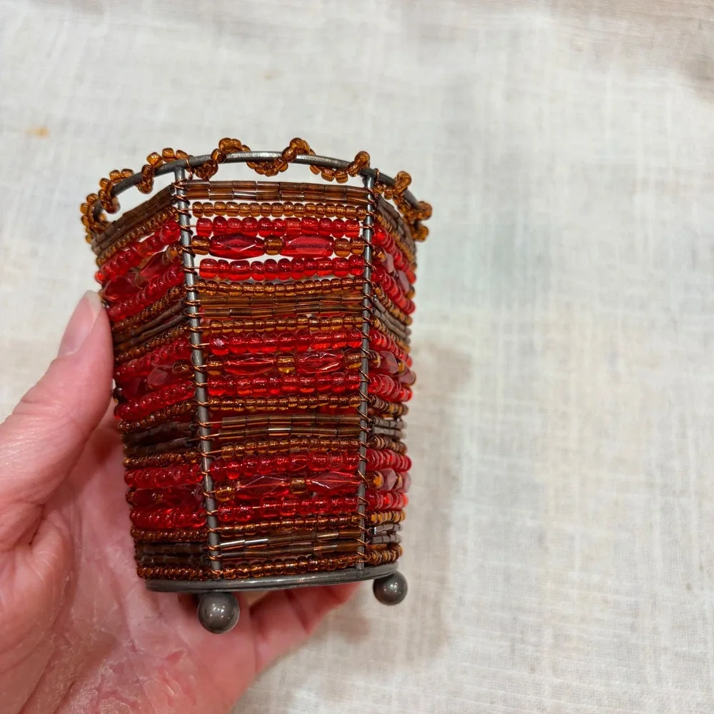 PartyLite Beaded Votive Candle Holder Red Amber Bronze Wire Footed Boho Decor - Picture 2 of 7